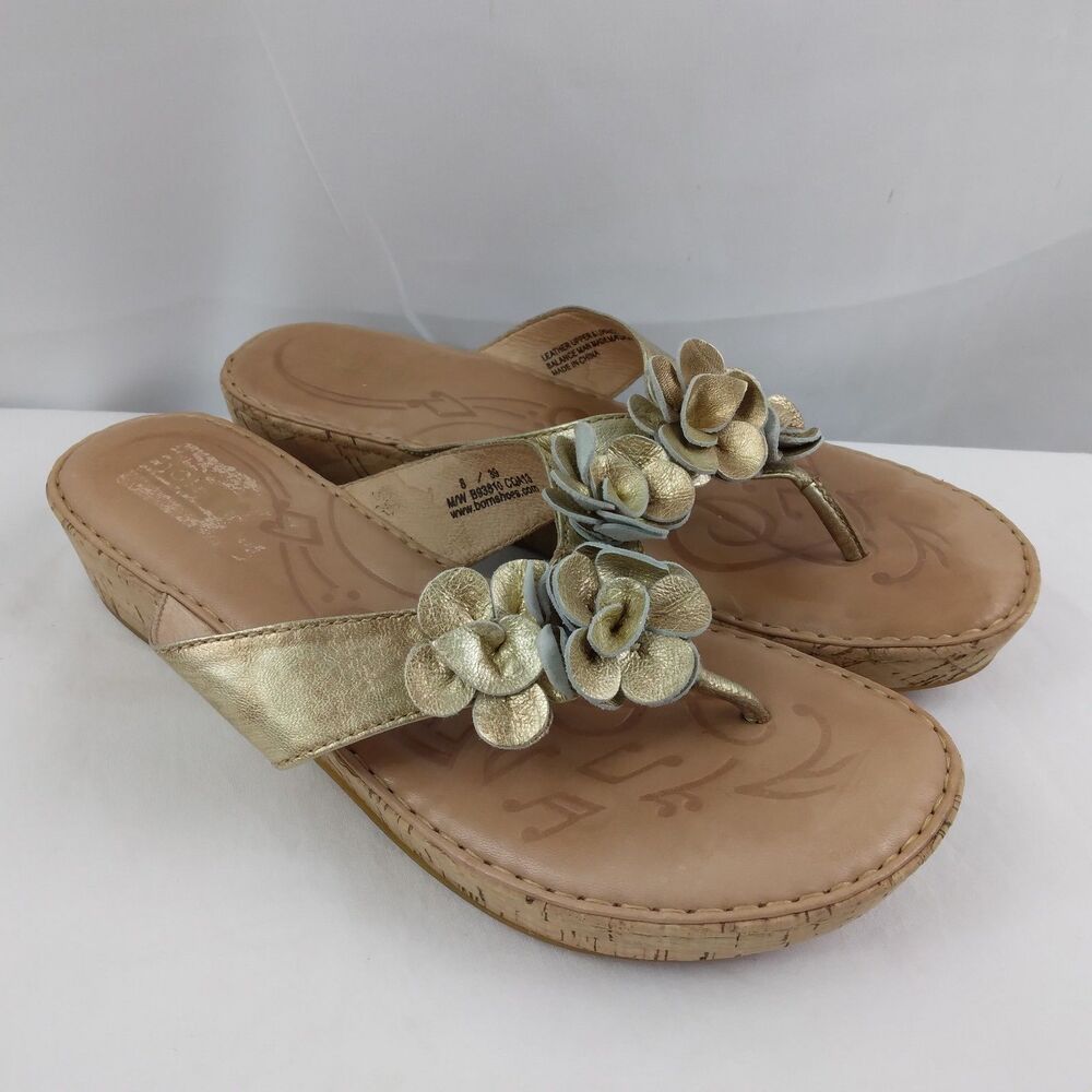 Born Leather Wedge Sandal Gold Floral Petals Cork Wedge Thong Women's Size 8